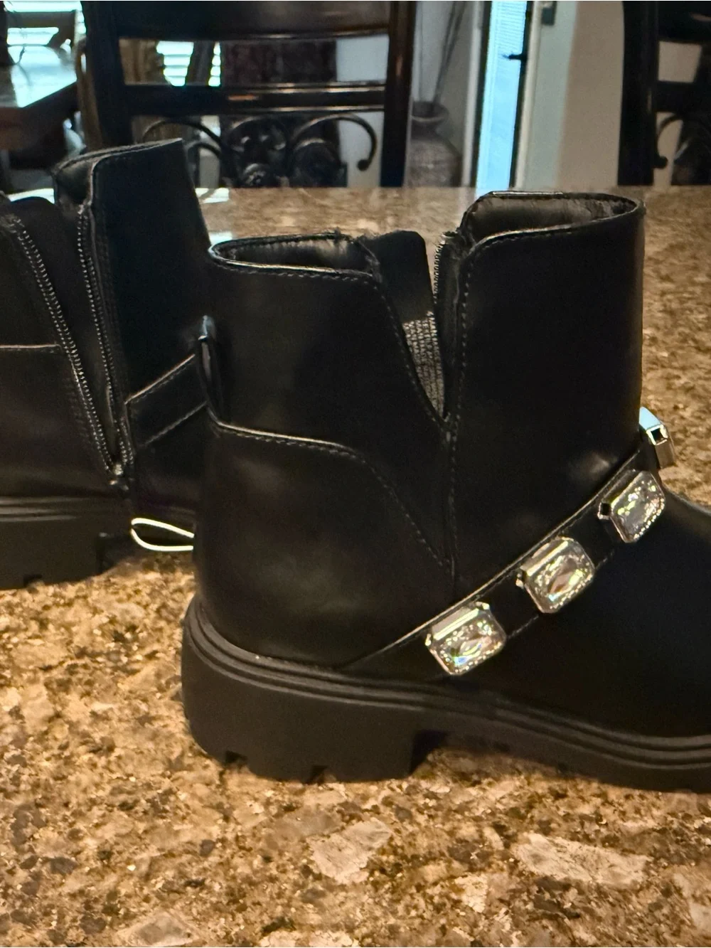 Women's Black Ankle Boots with Crystal Strap